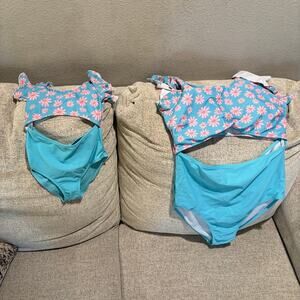 Mommy & Me Matching Swimsuits Floral Blue Pink Ruffle Girls 4T + Women 3XL Set